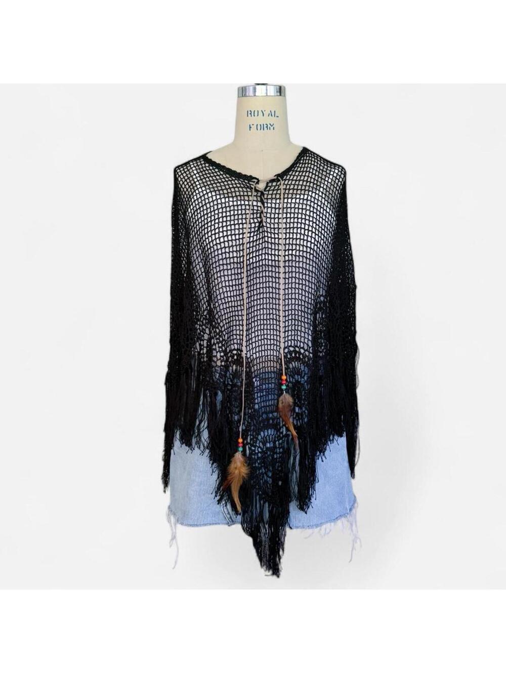 BCBG Black Crochet Fringe Poncho with Feather Ties